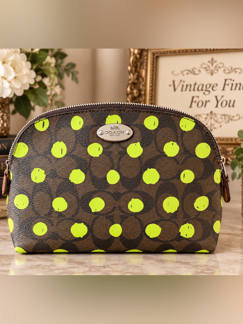Coach F52701 Signature Neon Dot Cosmetic Pouch Brown Lime Green